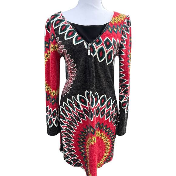 Aryeh Dresses & Skirts - Aryeh Sweater Dress Women's MEDIUM Boho Geometric Mini Zip Front Long Sleeve